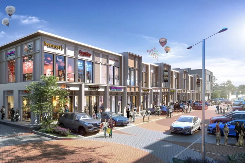 North Square District — Tipe B Street Render, Active Tenants & Pedestrian Plaza